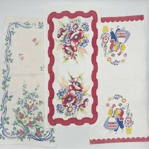 Vintage Tea Towels Floral Dutch Set of Three Illustration‎ Linens Bouquets Retro